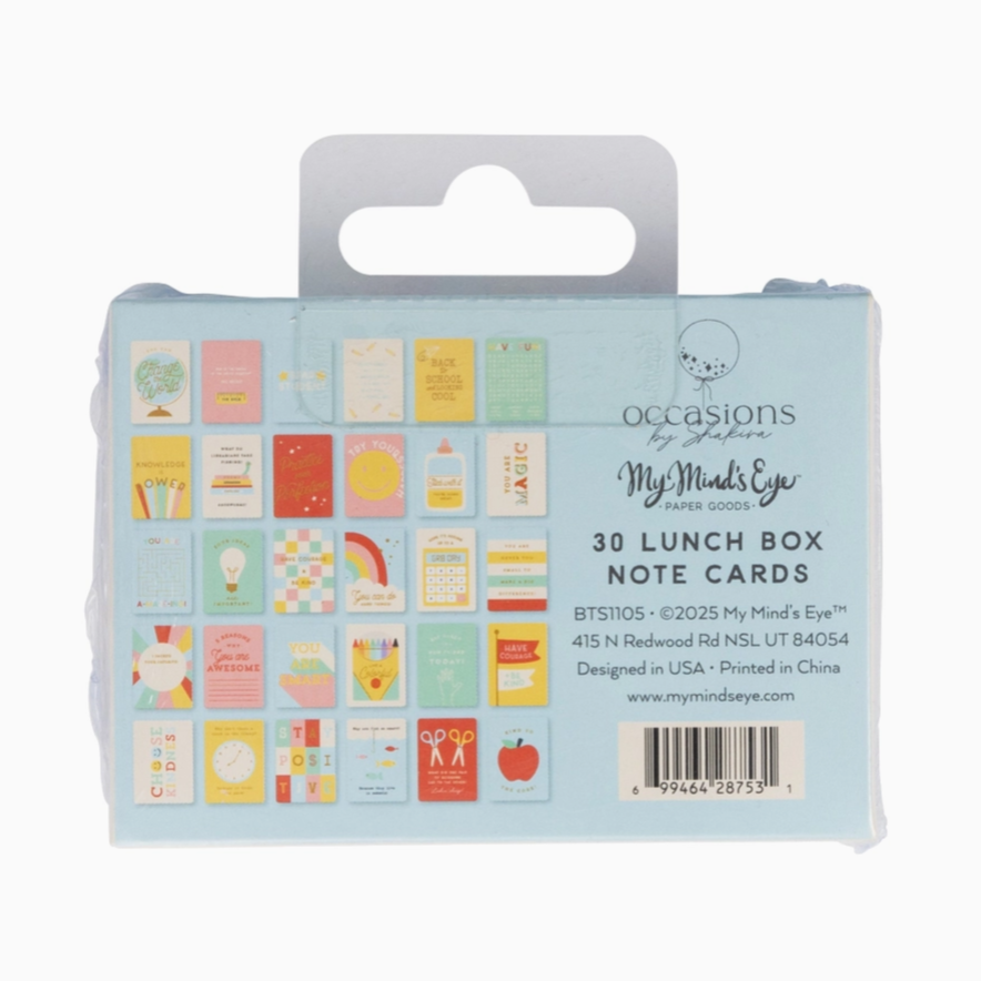 Pack of lunch box note cards with colorful designs on a light blue card.
