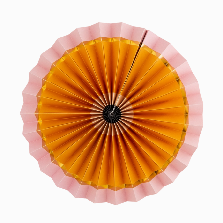 Top view of a decorative umbrella with pink rim and yellow center on a white background