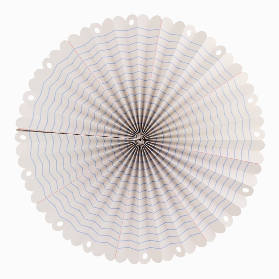 Decorative paper fan with blue lines on a white background