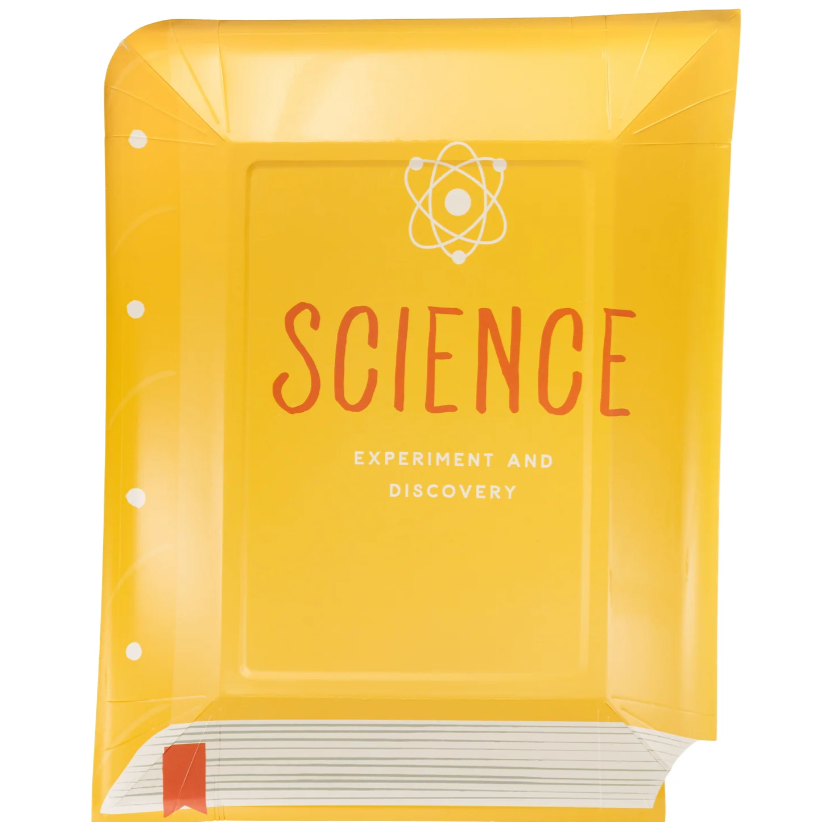 Yellow notebook with 'Science' and 'Experiment and Discovery' text on a white background
