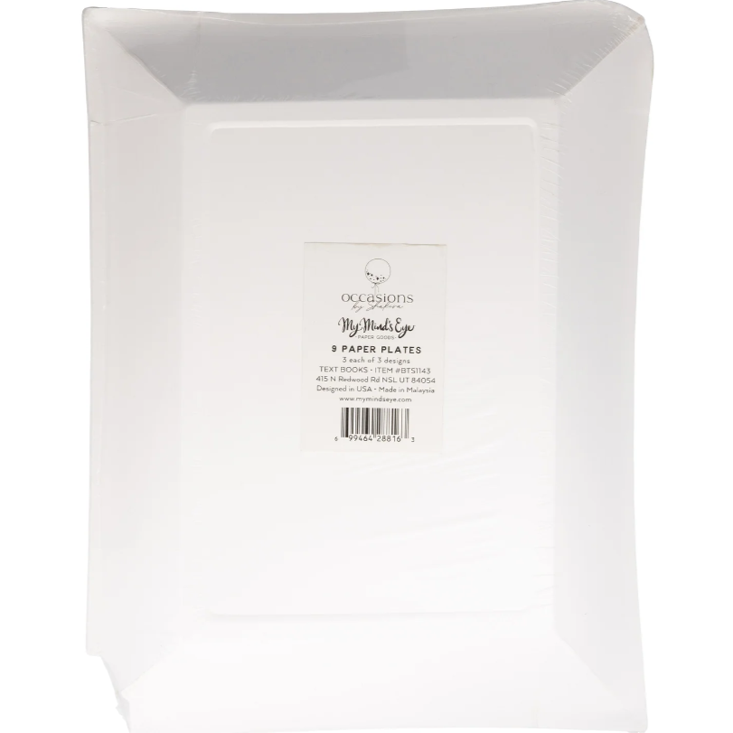 White paper plates packaging with 'My Mind's Eye' branding on a white background