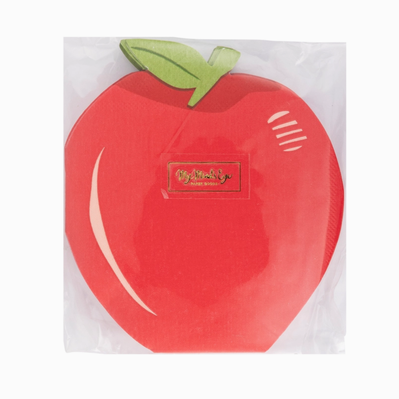 Red apple-shaped plate with a green stem in packaging