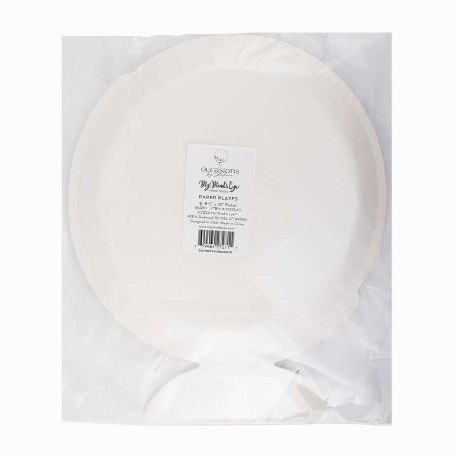 White paper plates with a visible brand label on a white background