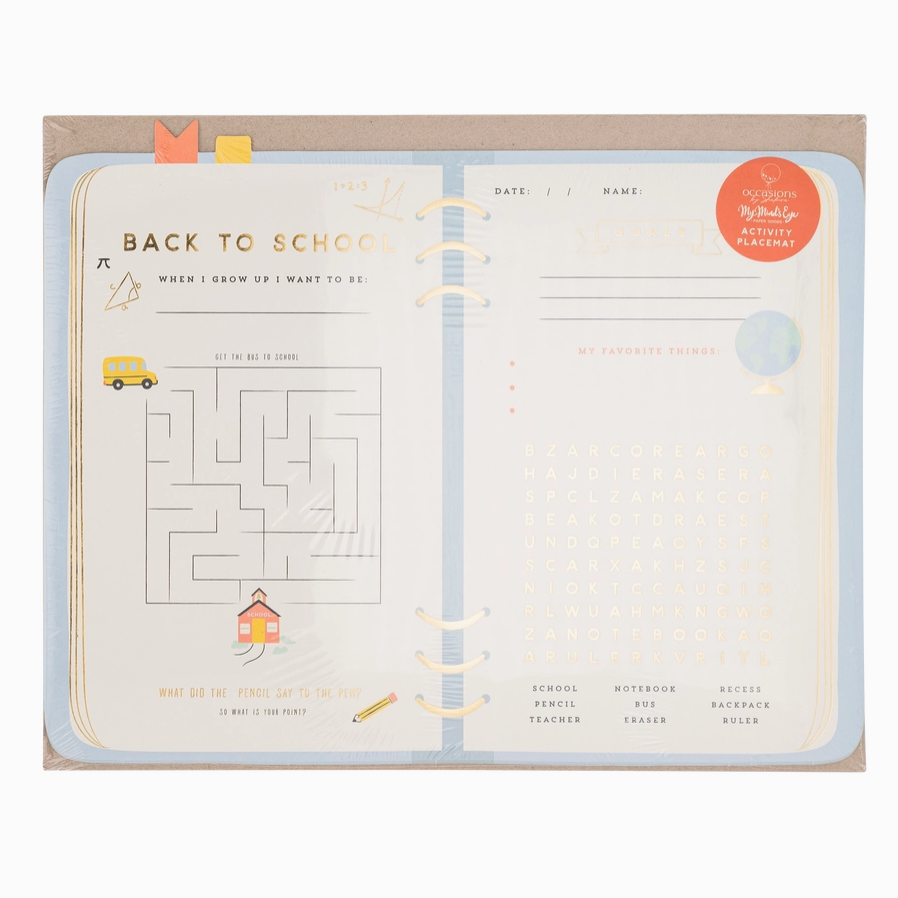 Children's activity book with maze and writing prompts on a white background