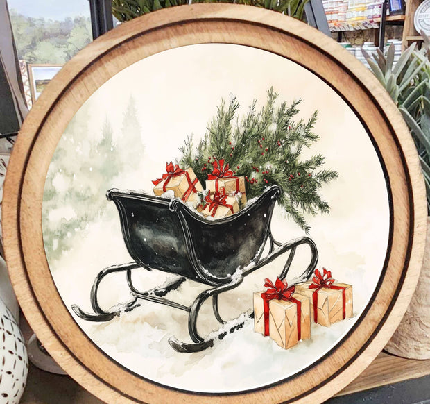 framed art :: round :: black sleigh with gifts
