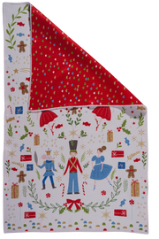 Kitchen towel with Christmas Nutcracker theme design featuring characters and decorations on a white background