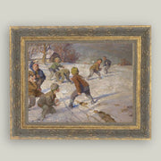 Framed painting of children playing in a snowy landscape on a light gray wall.