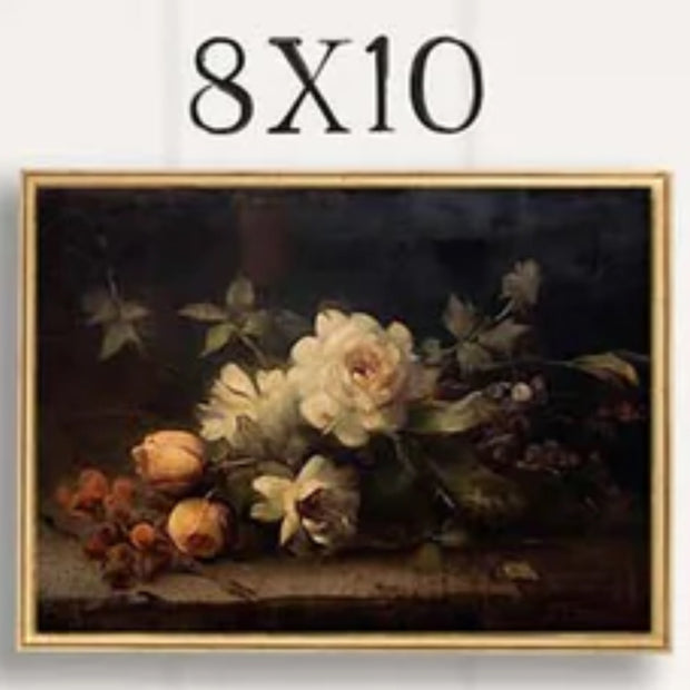 Framed still life painting of flowers and fruits with '8x10' text.