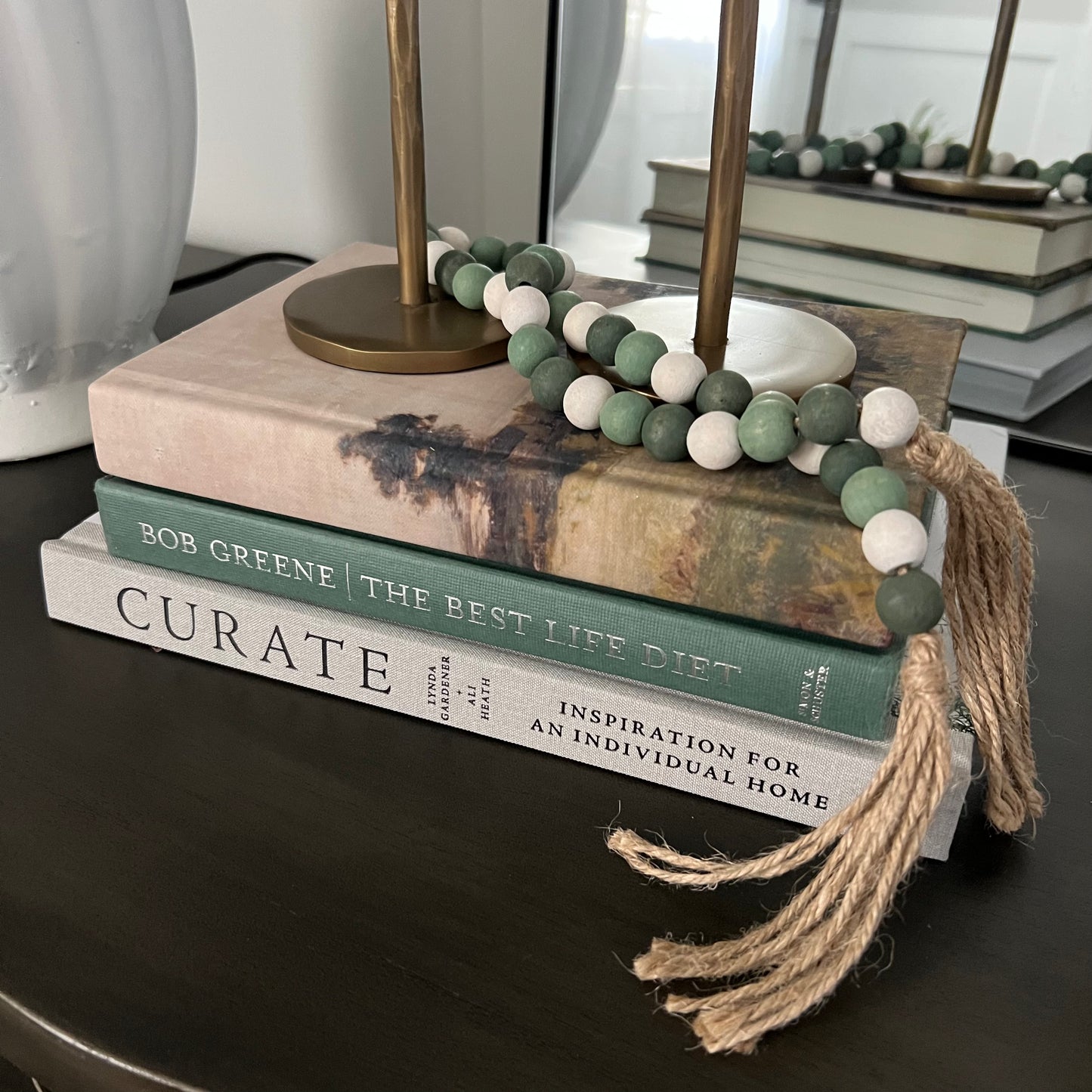 garland :: green & white wood beads with tassels