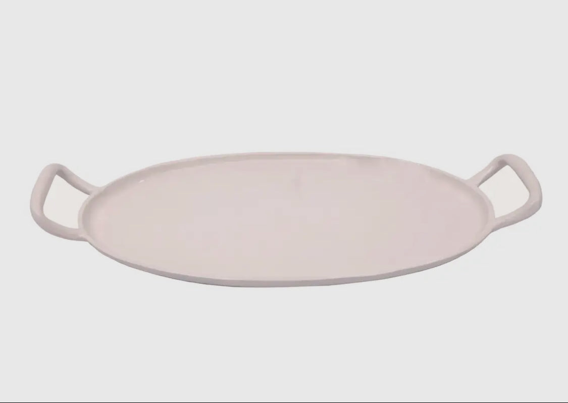 A white ceramic serving tray with handles, displayed against a plain background.