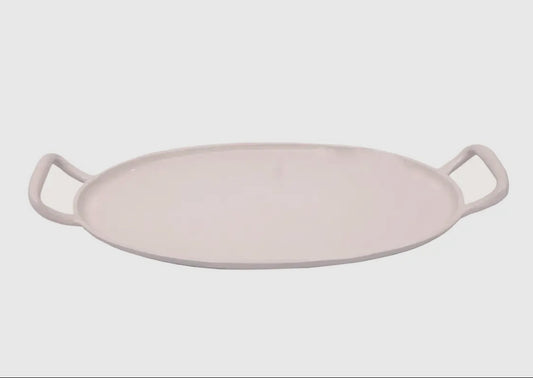 A white ceramic serving tray with handles, displayed against a plain background.