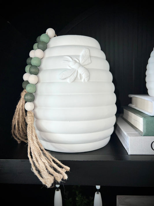 garland :: green & white wood beads with tassels
