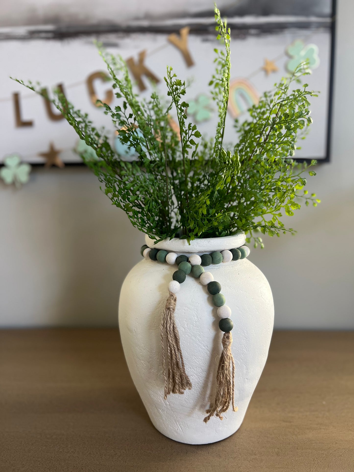 garland :: green & white wood beads with tassels