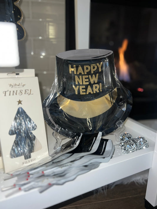 Festive Happy New Year paper plate with party hat design and gold accents
