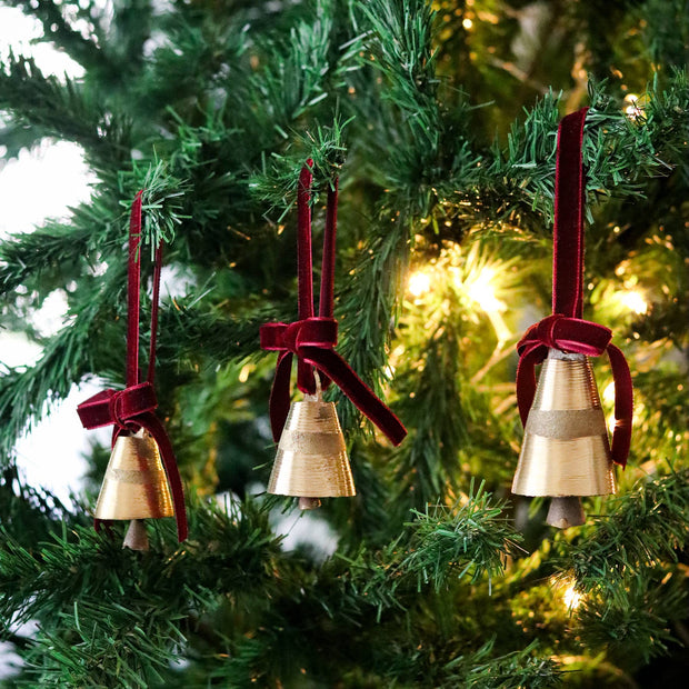 ornament :: gold bell on velvet ribbon {set of 3}