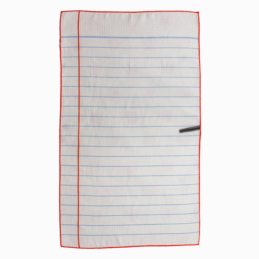 Rectangular piece of paper with red border and blue lines on a white background