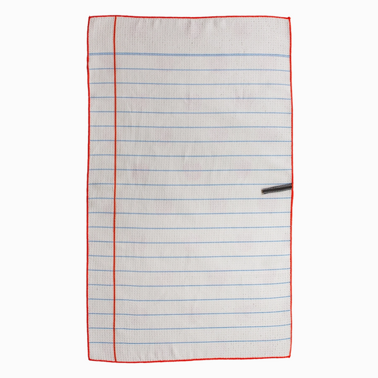 Rectangular piece of paper with red border and blue lines on a white background