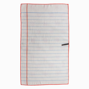 Rectangular piece of paper with red border and blue lines on a white background