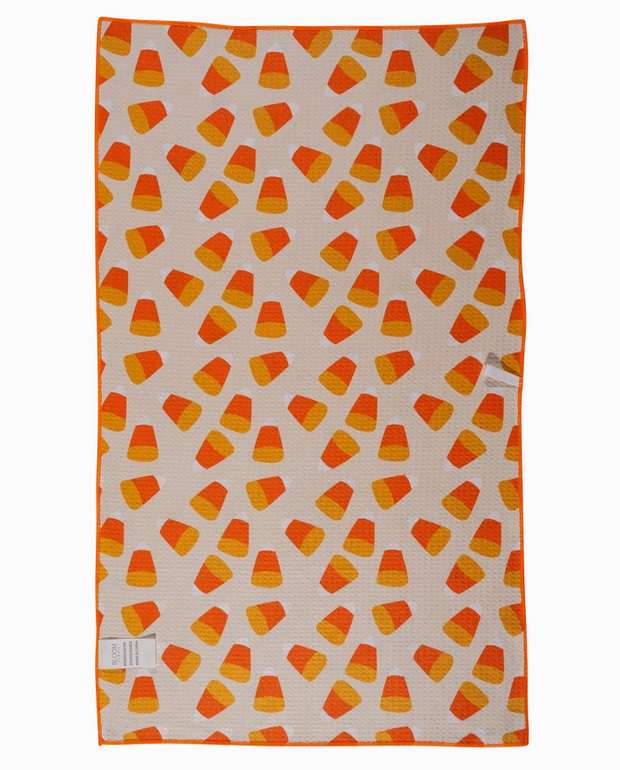 fall dish towel with candy corn pattern