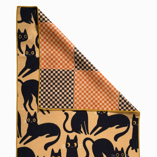 Nine Lives kitchen towel with cat skeleton design