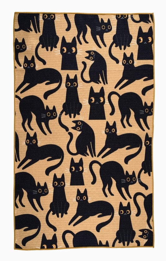 Halloween tea towel with spooky black cat print