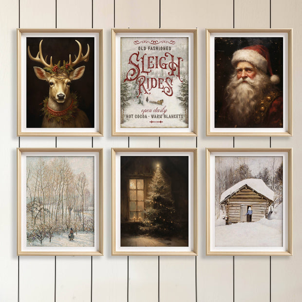 decor prints :: vintage christmas santa & reindeer sleigh rides {set of 6}