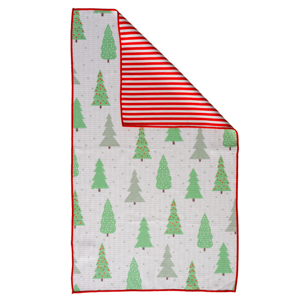 Kitchen towel with green tree pattern and red striped border on a white background