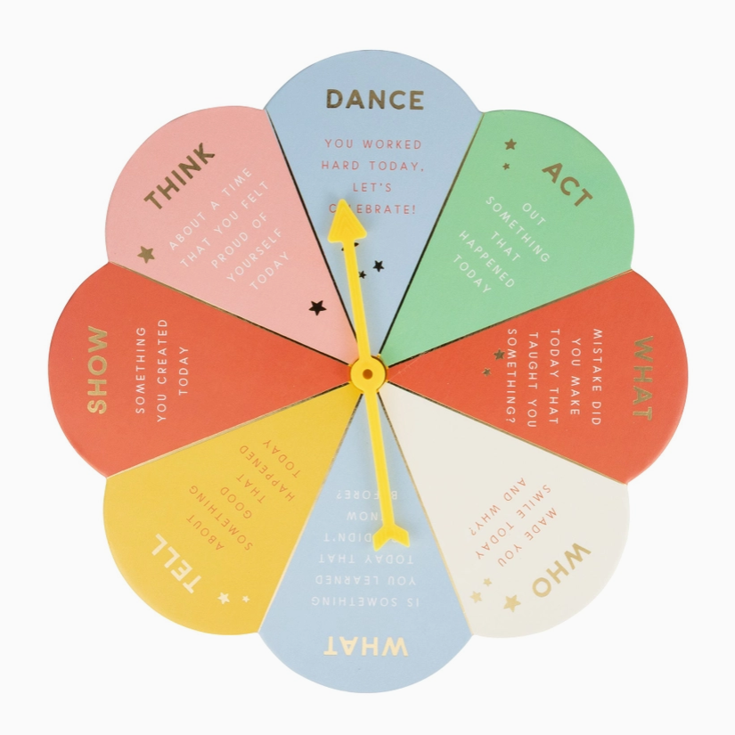 Colorful wheel with text prompts on a white background