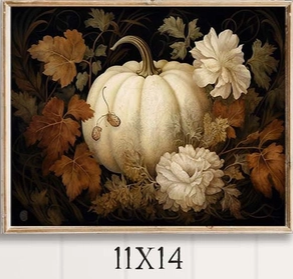 Decorative painting of a white pumpkin and flowers with autumn leaves, framed.