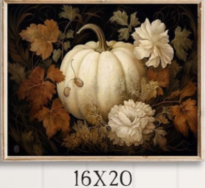 Decorative painting of a white pumpkin and flowers with autumn leaves, framed.