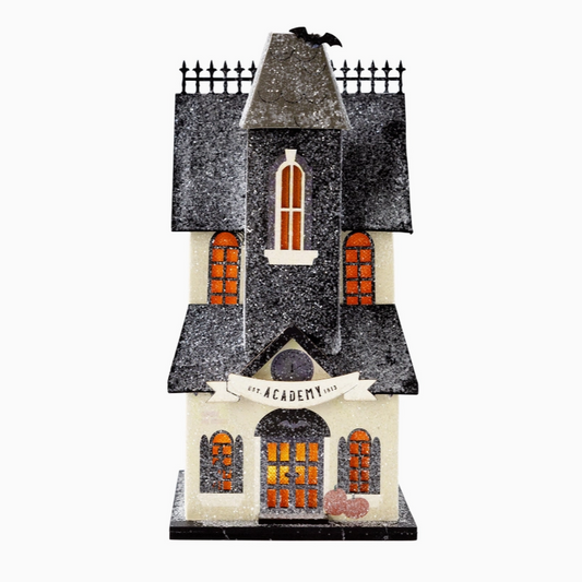 Halloween Academy art print of a haunted school building