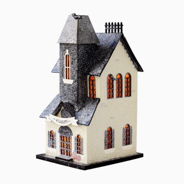 Vintage spooky schoolhouse artwork for Halloween decor