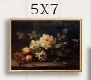 Framed artwork of flowers with '5X7' text on a dark background