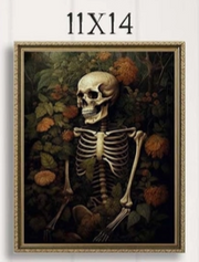 Skeletal figure with flowers in a dark frame, 11x14 size