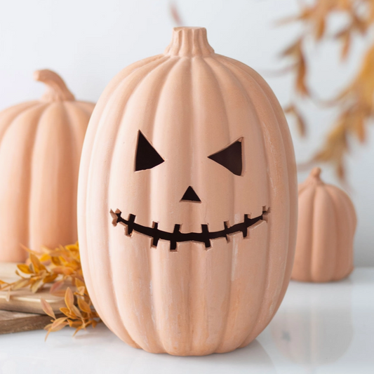 Large terracotta jack-o'-lantern sculpture 12.6 inches tall