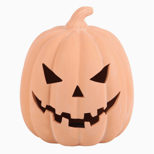 Classic jack-o'-lantern terracotta figurine with carved face
