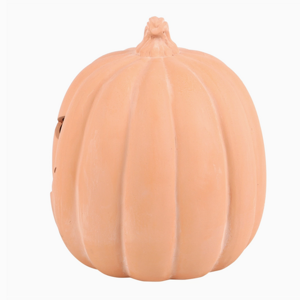 Halloween pumpkin sculpture with rustic terracotta finish
