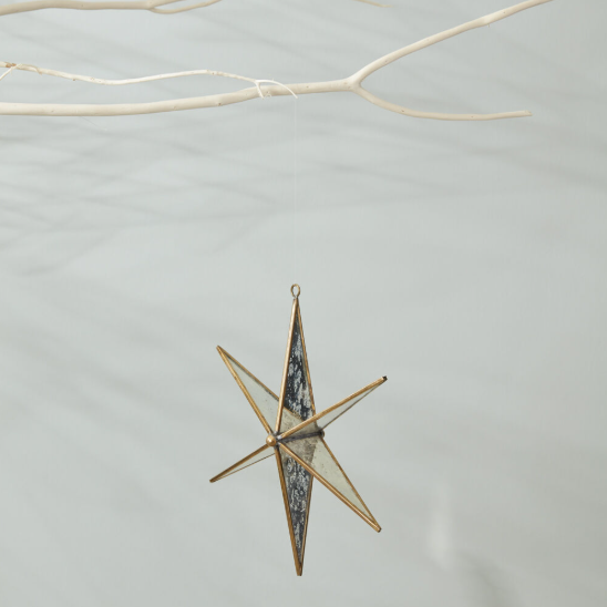 Decorative star-shaped ornament on a string against a light gray background