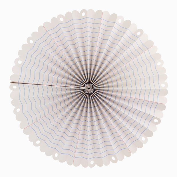 Decorative paper fan with blue lines on a white background
