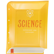 Yellow notebook with 'Science' and 'Experiment and Discovery' text on a white background