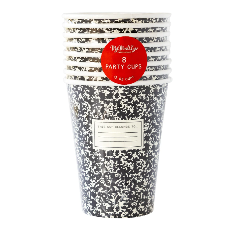 composition notebook paper cups stacked