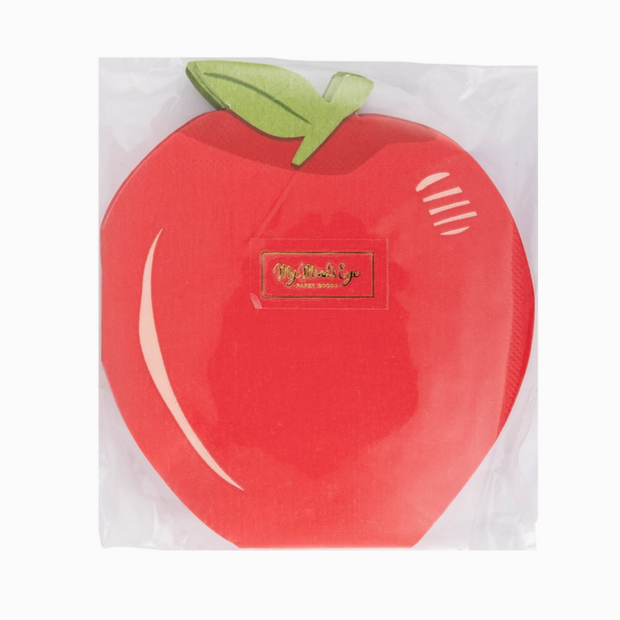 Red apple-shaped plate with a green stem in packaging