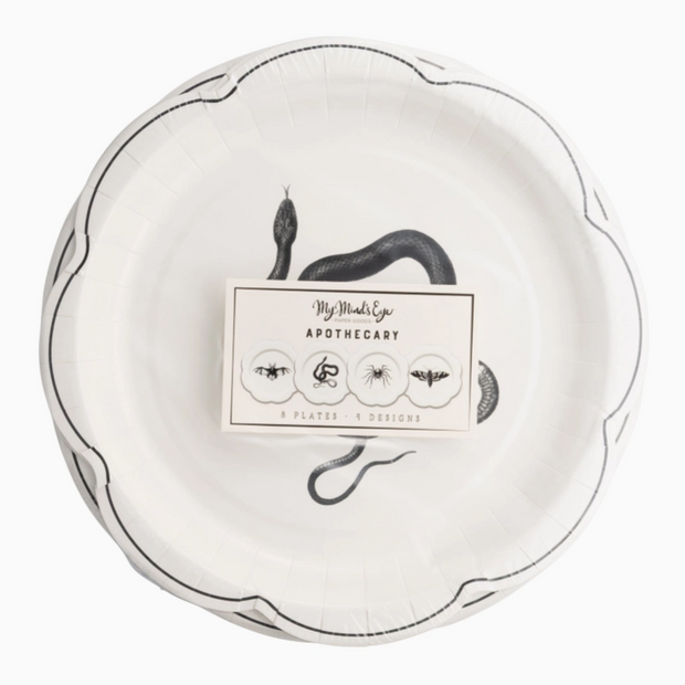 Apothecary paper plates featuring vintage potion label designs