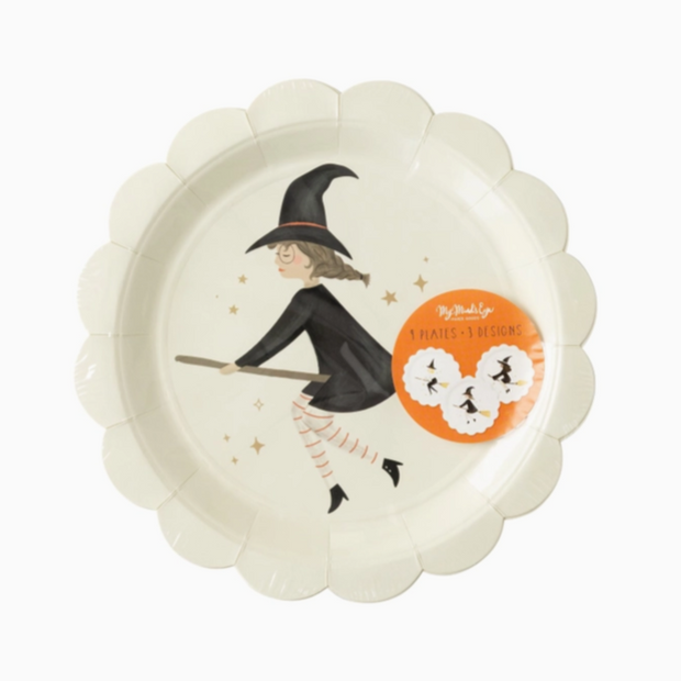 Halloween party plates featuring witchy gothic artwork