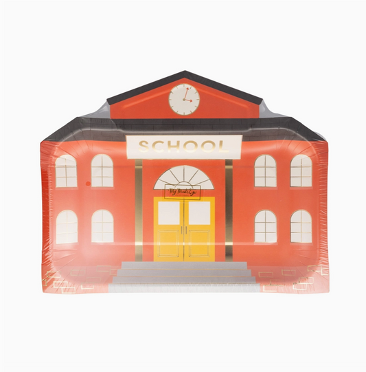school-themed paper plates with schoolhouse design