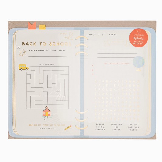 Children's activity book with maze and writing prompts on a white background