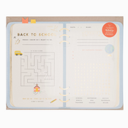 Children's activity book with maze and writing prompts on a white background