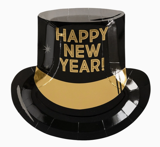 A paper plate designed to resemble a New Year's hat with 'HAPPY NEW YEAR!' text in gold on a black background with gold foil accents.