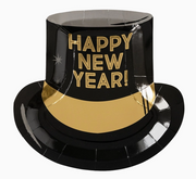 A paper plate designed to resemble a New Year's hat with 'HAPPY NEW YEAR!' text in gold on a black background with gold foil accents.