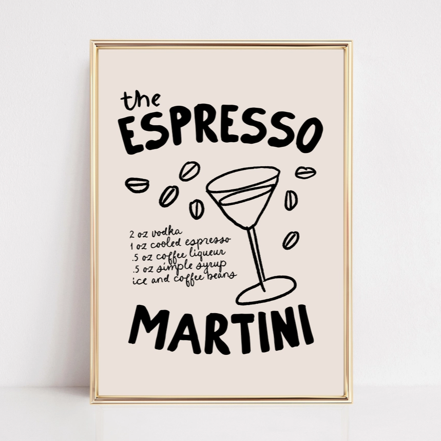 Cocktail-themed wall art with espresso martini